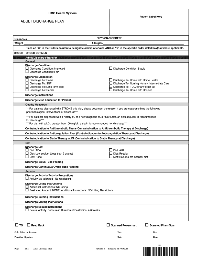  UMC Health System Patient Label Here ADULT DISCHARGE PLAN 2016