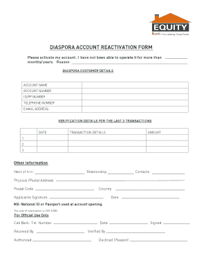 Equity Bank Dormant Account Activation Form