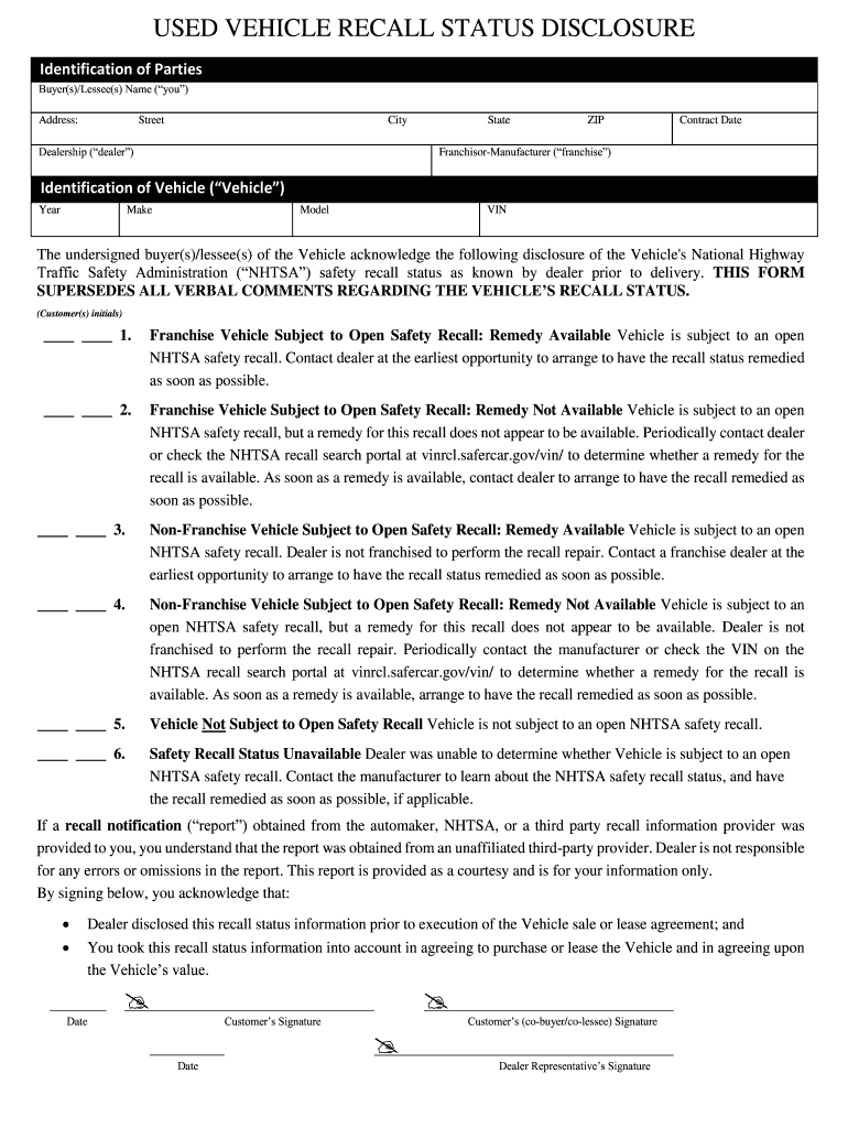 Used Vehicle Recall Status Disclosure  Form