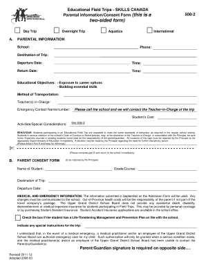 Regional Skills Educational Field Trip Consent Form PDF Ugdsb