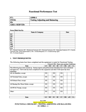 Functional Performance Test FT ITEM ID AREA SERVED 159901 Testing Adjusting and Balancing Form Filled Out by Name &amp;amp