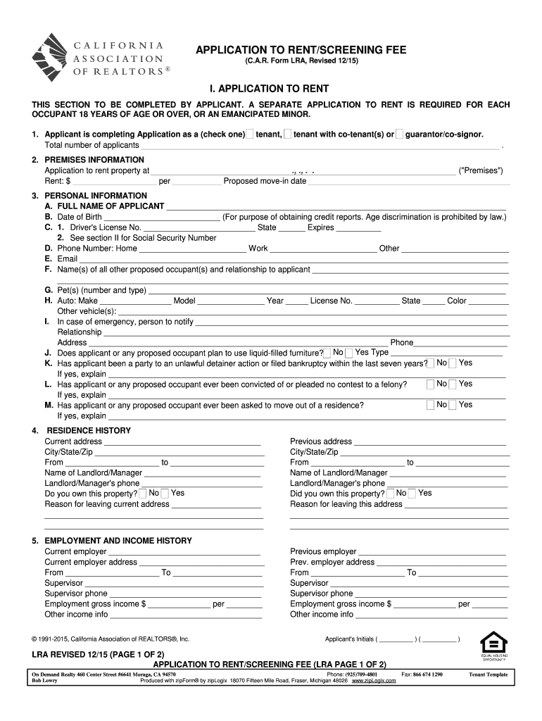 APPLICATION to RENTSCREENING FEE  Form