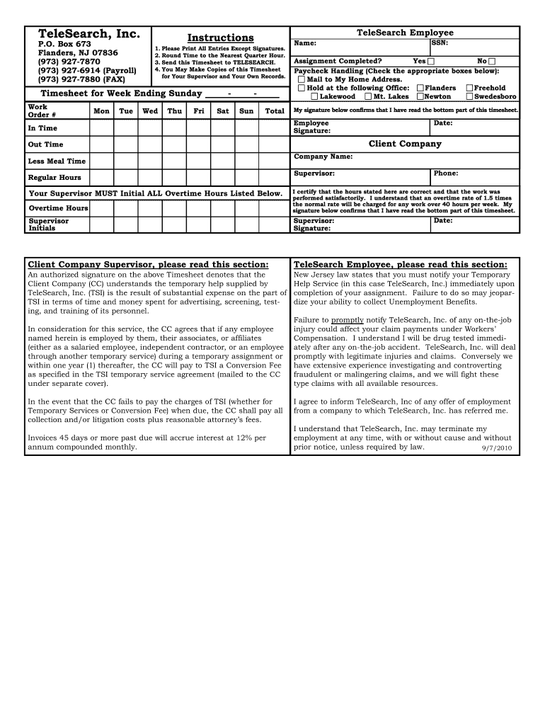  TeleSearch Timesheet Form  Telesearch Staffing Solutions 2010