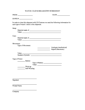 U S Customs Watch Worksheet  Form