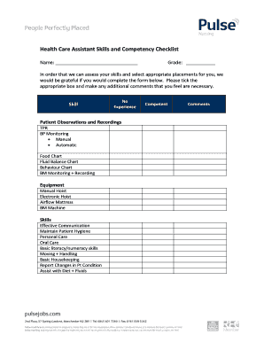 Health Care Assistant Competency Checklist  Form