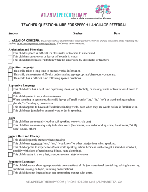 Teacher Questionnaire for Speech and Language  Form