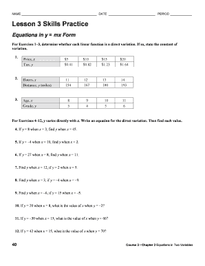 Lesson 3 Skills Practice Equations in Y Mx Form Answer Key