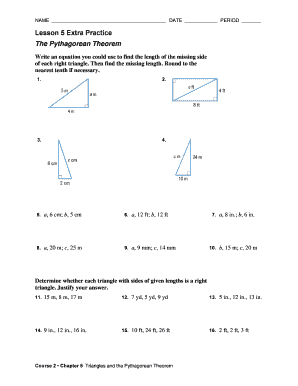 Lesson 5 Extra Practice the Pythagorean Theorem Answer Key  Form