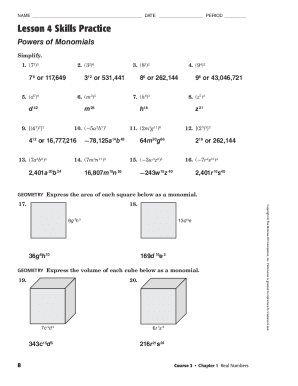 Lesson 4 Homework Practice Powers of Monomials  Form