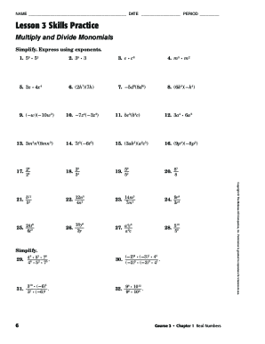 Lesson 3 Skills Practice Multiply and Divide Monomials  Form