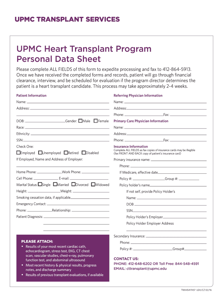 UPMC Heart Transplant Program Personal Data Sheet  UPMC Com  Form