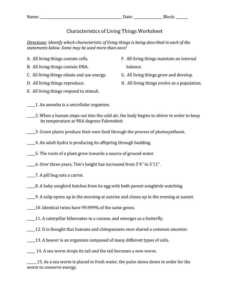 Characteristics of Living Organisms Worksheet  Form