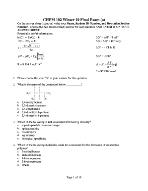 Chem 102 Final Exam Review  Form