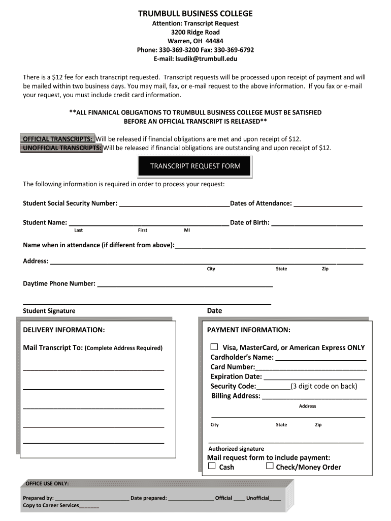 Trumbull Business College Transcripts  Form
