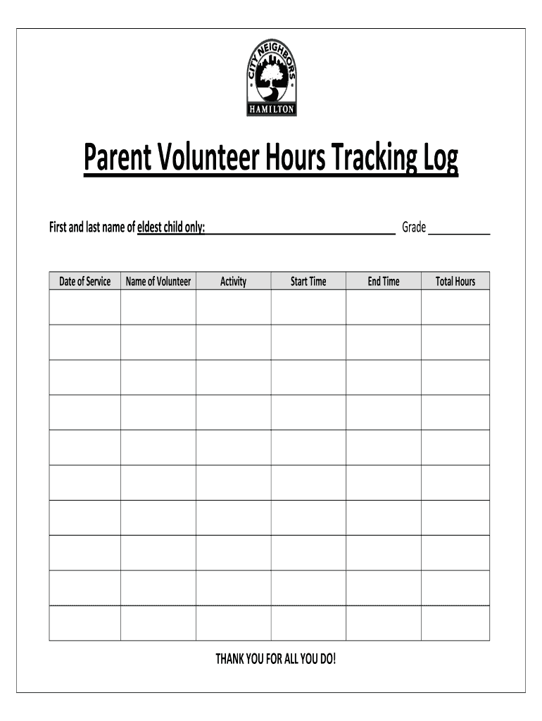Get and Sign Parent Volunteer Hours Tracking Log City Neighbors Hamilton  Form