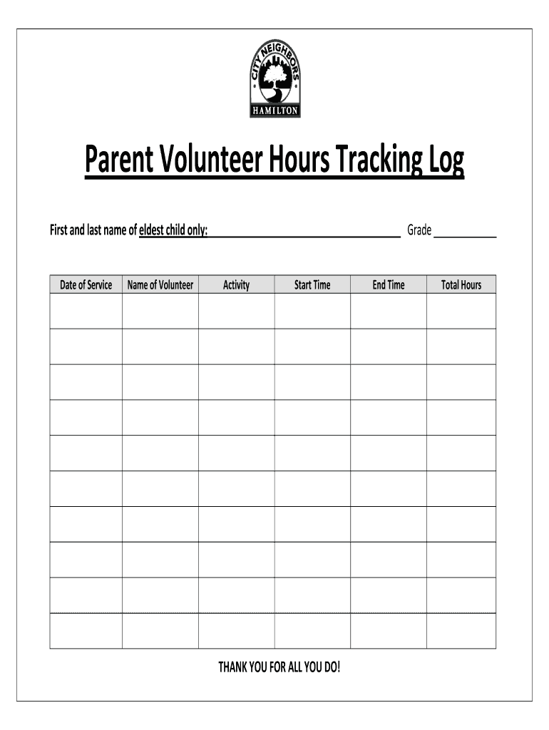 Parent Volunteer Hours Tracking Log City Neighbors Hamilton  Form