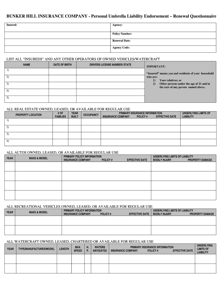 BUNKER HILL INSURANCE COMPANY Personal Umbrella  Form