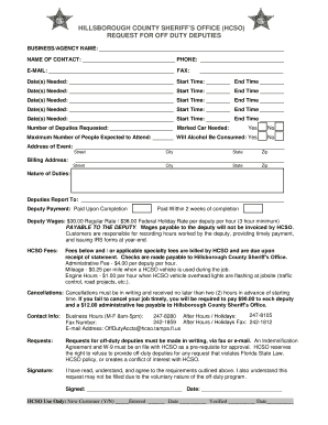 Request for off Duty Deputies Hillsborough County Sheriff&amp;#39;s Office  Form