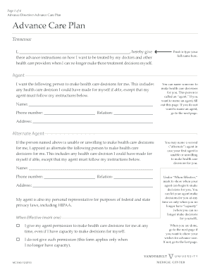 Advance Care Plan Vanderbilt University Medical Center Mc Vanderbilt  Form