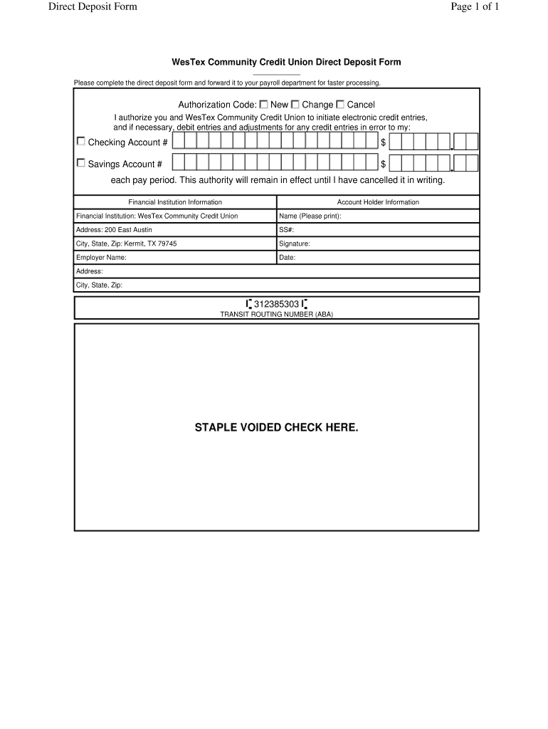 Direct Deposit WesTex Community Credit Union Wccu  Form