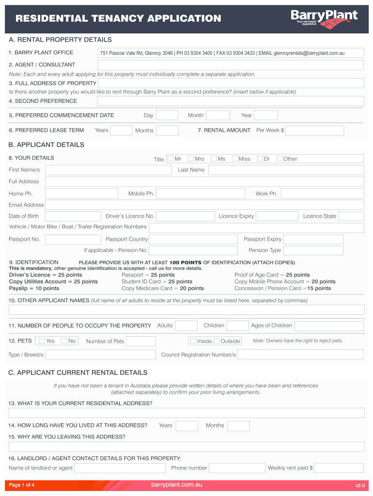 Barry Plant Rental Application  Form
