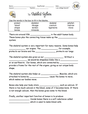 Skeletal System Worksheet Fill in the Blank  Form