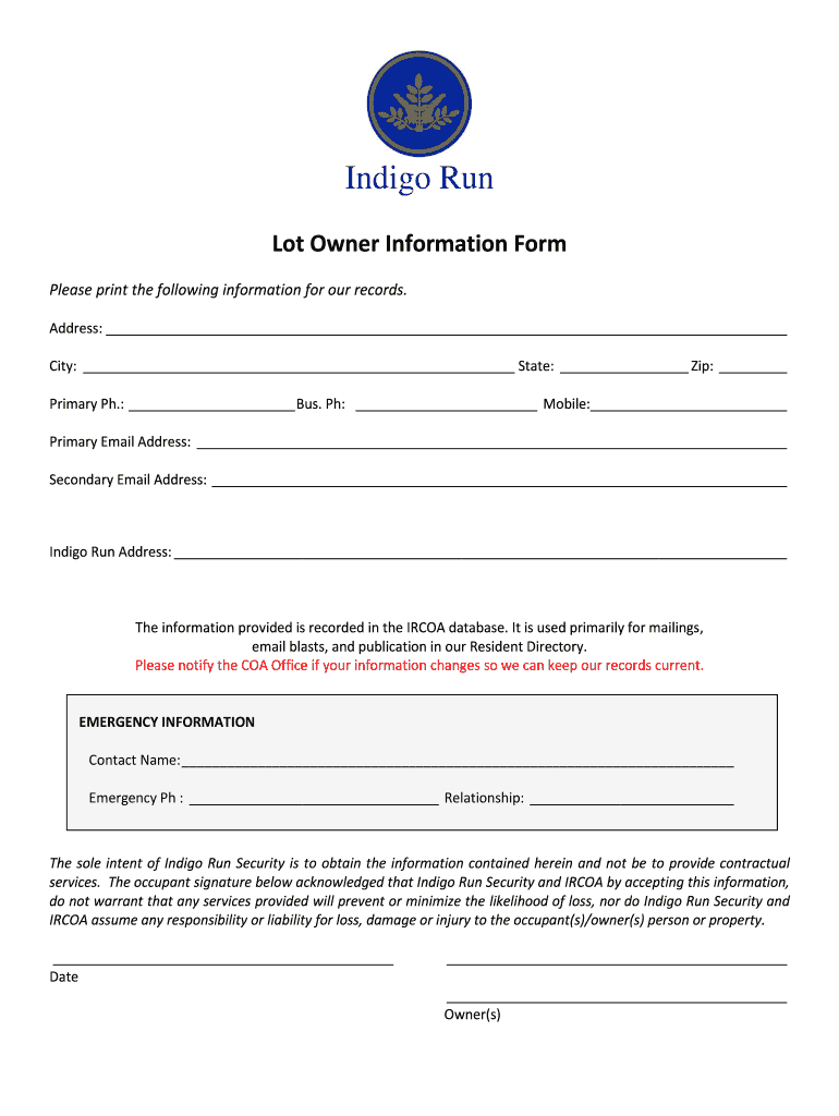 New Lot Owner Information Form Indigo Run