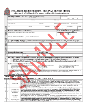 Stratford Police Vulnerable Sector Check  Form