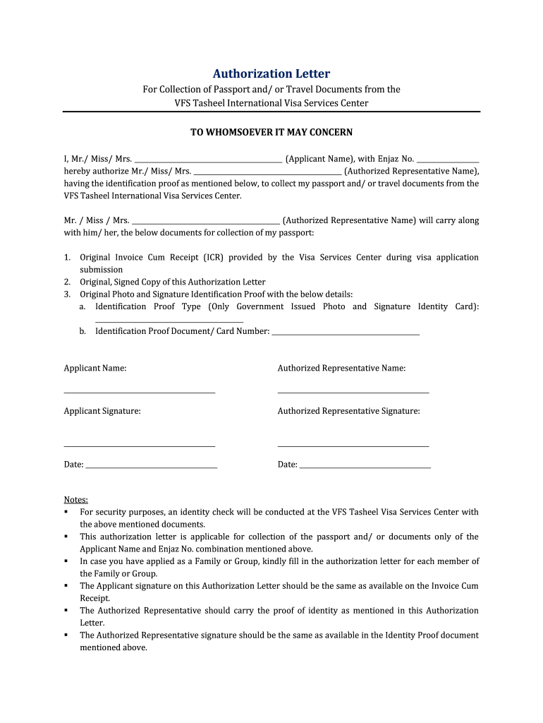 Vfs Authorization Letter for Passport Collection India  Form
