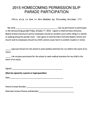  Homecoming Permission Slip Parade Parkview Baptist 2015