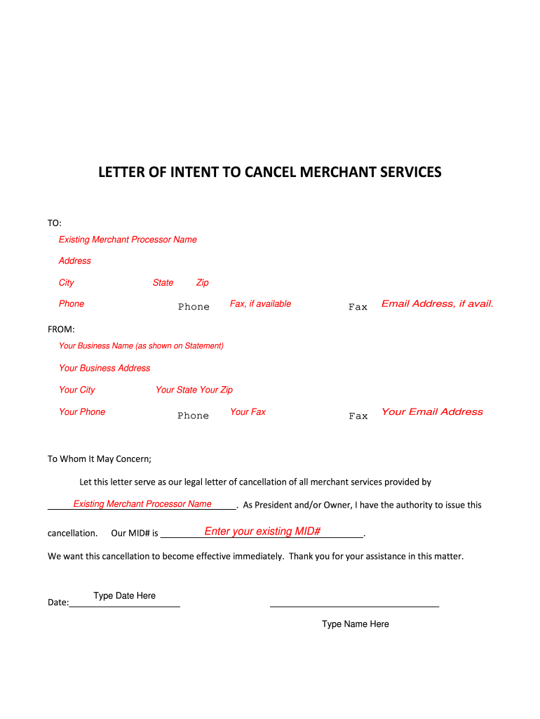 Sample Letter to Cancel Merchant Services  Form