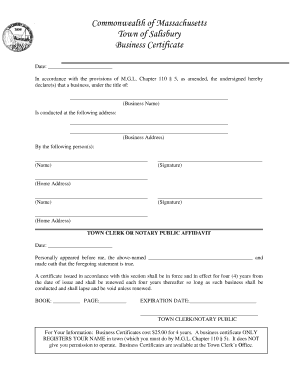 Business &quot;DBA&quot; Certificate Application Salisbury MA  Form