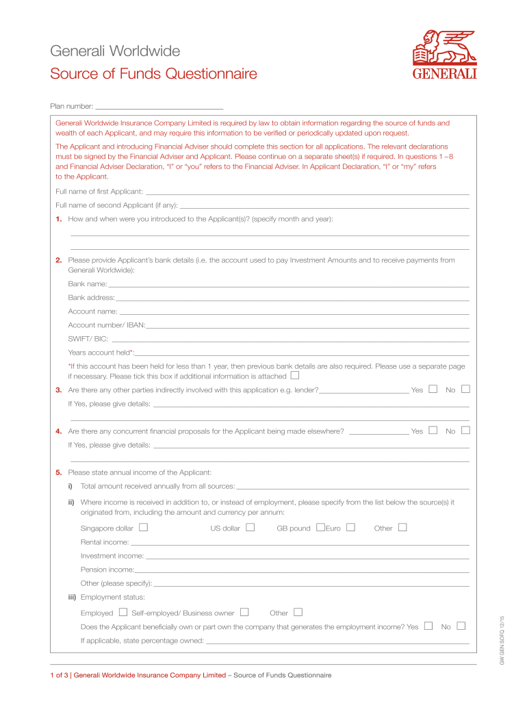  Generali Worldwide Source of Funds Questionnaire 2015