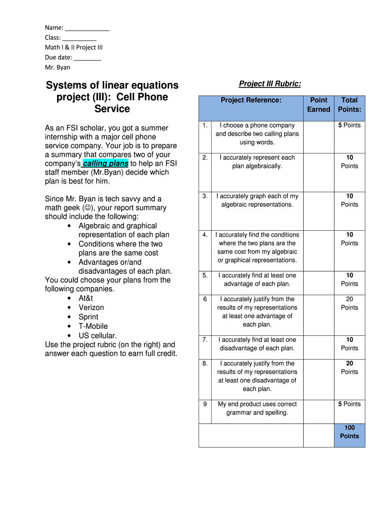 System of Equations Project Cell Phone with Rubric  Form