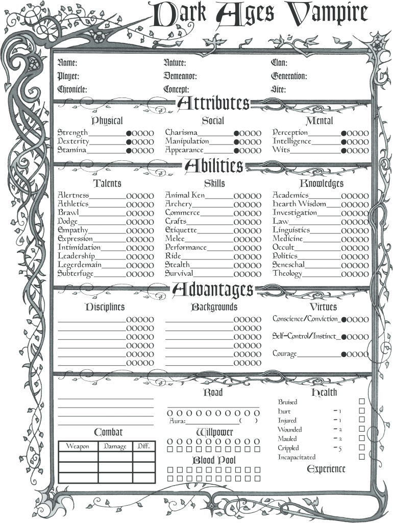 Vampire the Dark Ages Character Sheet  Form