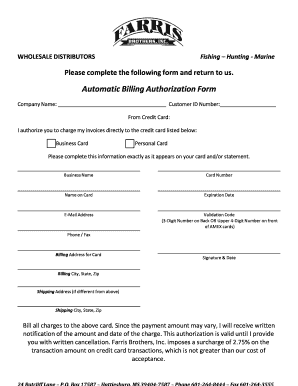 Automatic Billing Authorization Form Farris Brothers Inc