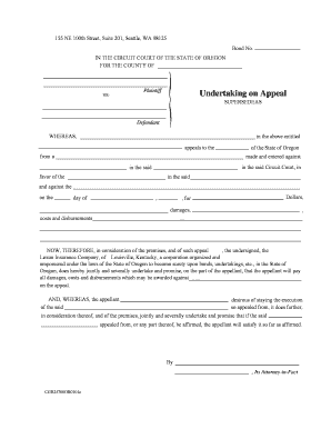 Undertaking on Appeal Supersedeas State of Oregon  Form