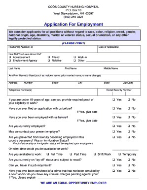 Application for Employment Cos County New Hampshire Cooscountynh  Form