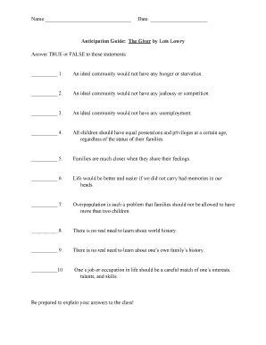 The Giver Anticipation Guide PDF Form