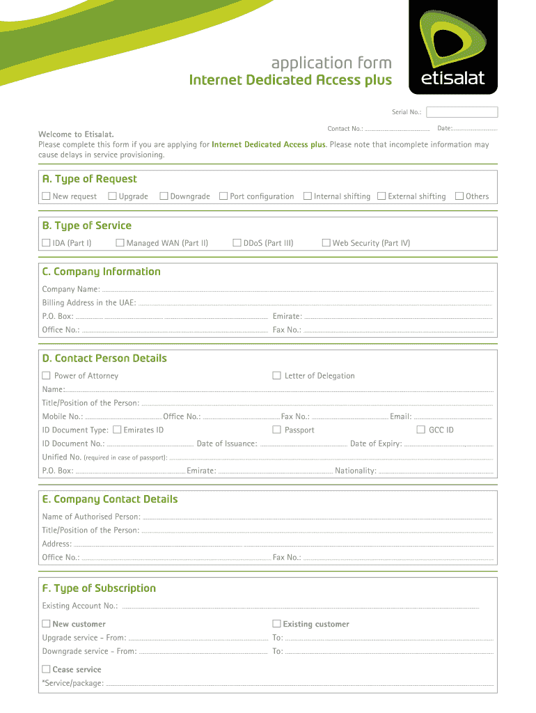 Internet Dedicated Access BApplicationb Form Support Etisalat