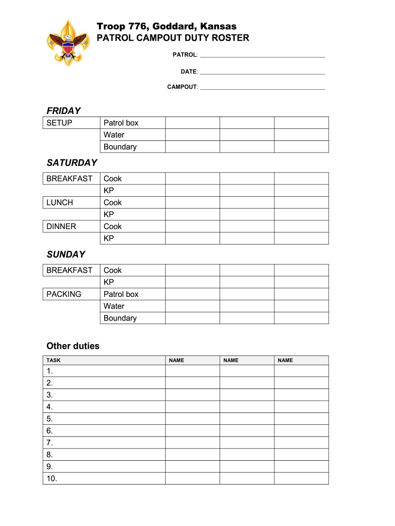 Troop 776 Goddard Kansas PATROL CAMPOUT DUTY ROSTER  Form