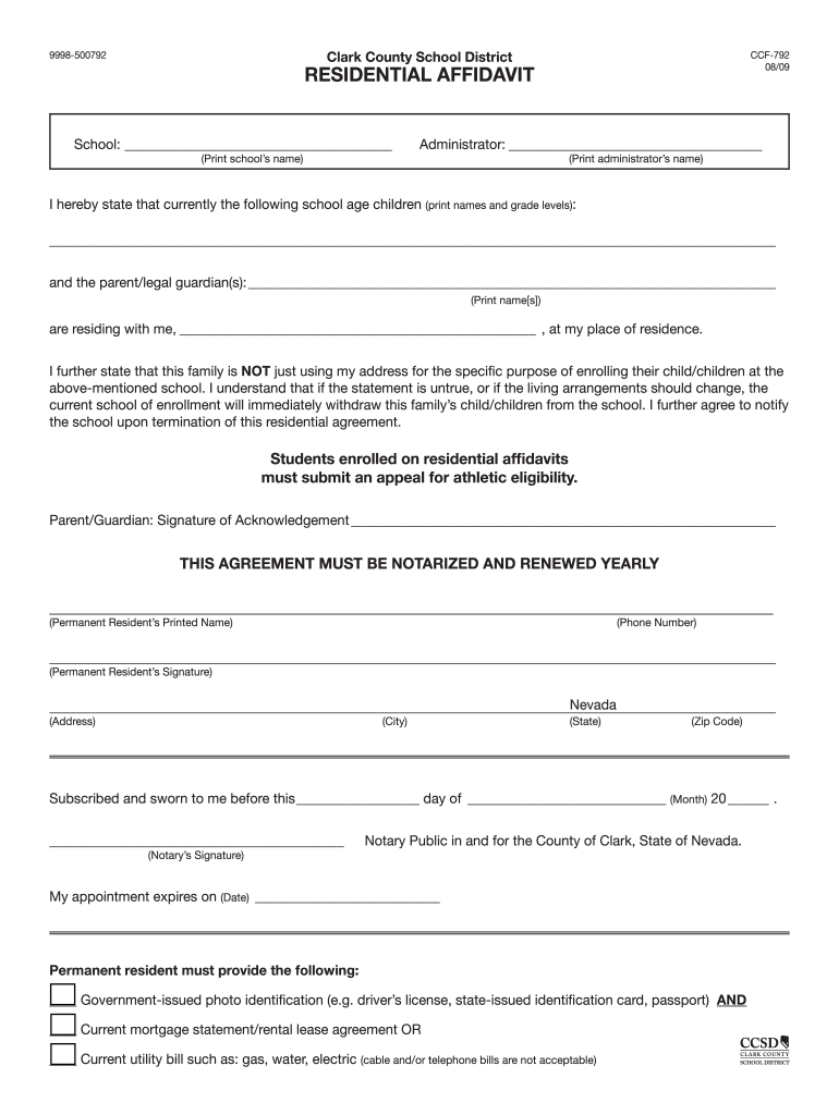  Get and Sign Clark County School District RESIDENTIAL AFFIDAVIT Form 2009