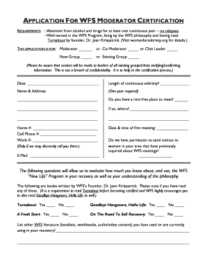 Application for Wfs Moderator Certification Women for Sobriety Womenforsobriety  Form