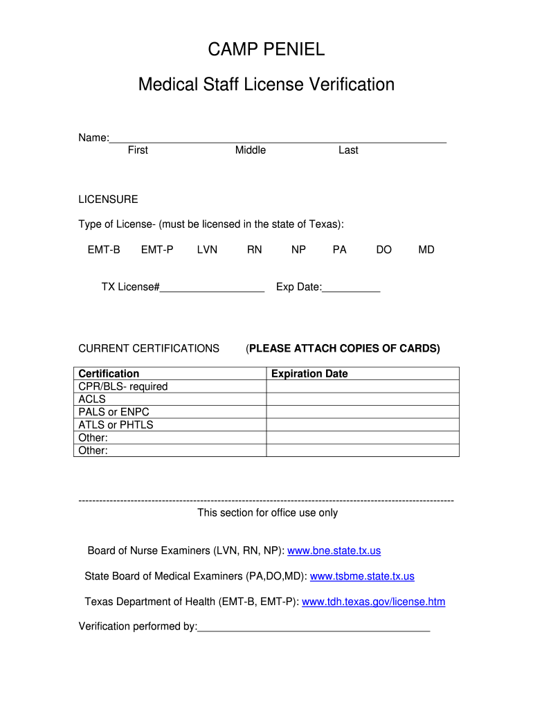 CAMP PENIEL Medical Staff License Verification Camppeniel  Form