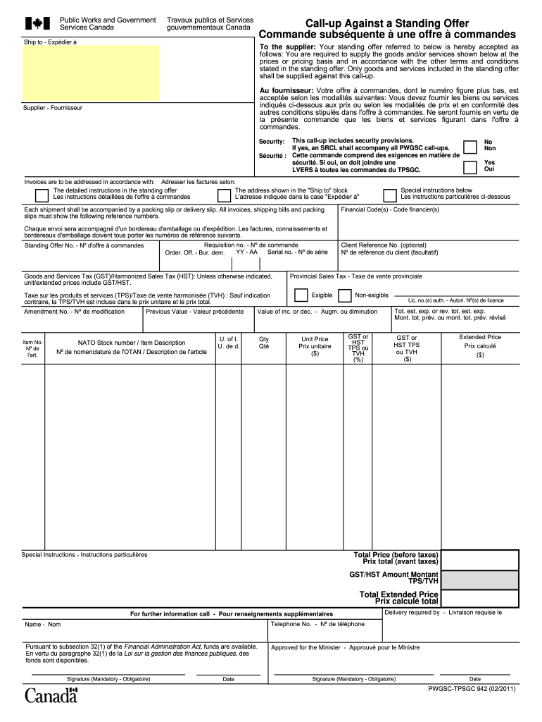 PWGSC 942 Call Up Against a Standing Offer  Commande Subsquente Une Offre Commandes  Form