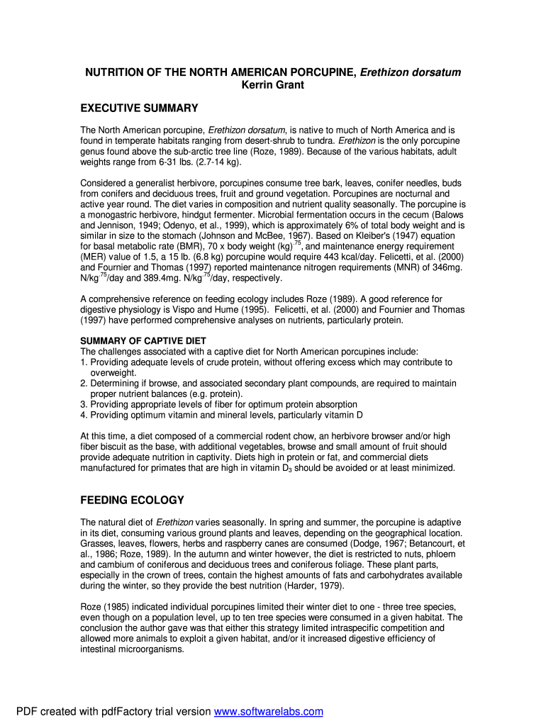 NUTRITION of the NORTH AMERICAN PORCUPINE Erethizon  Glenoakzoo  Form