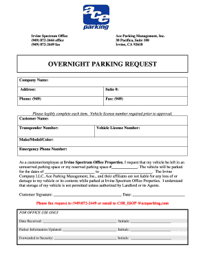 Overnight Parking Request Irvine Company Office Properties  Form