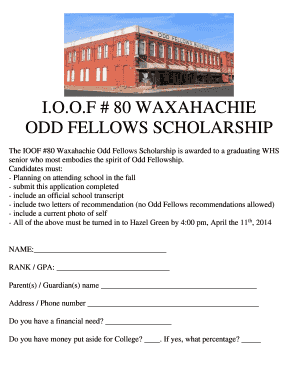 IOOF 80 WAXAHACHIE ODD FELLOWS SCHOLARSHIP Schools Wisd  Form