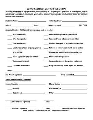 COLUMBIA SCHOOL DISTRICT BUS REFERRAL  Form