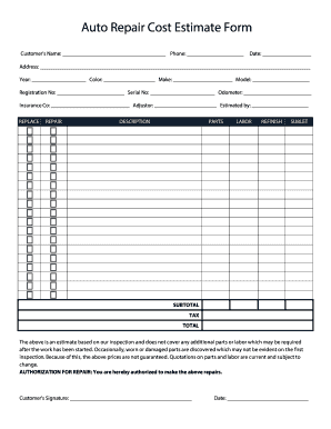 Auto Repair Cost Estimate Form